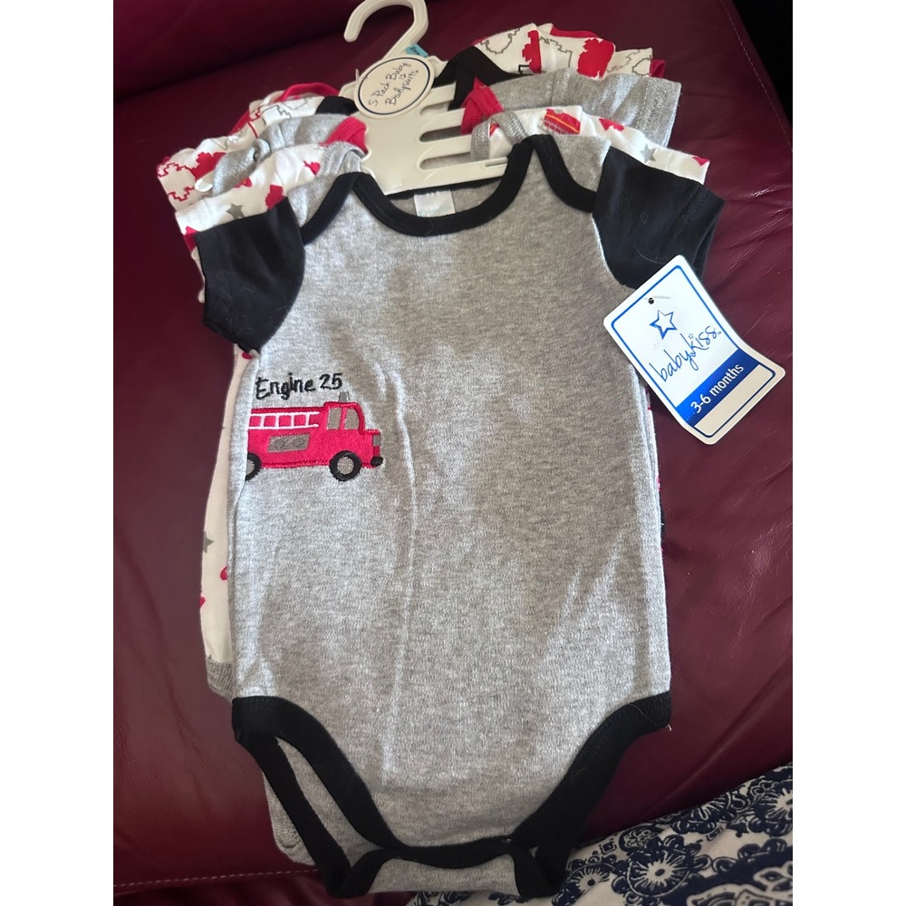 Baby Kiss Boys Fire Truck Bodysuits 5 Pack Grey Red White 3-6 Months NWT